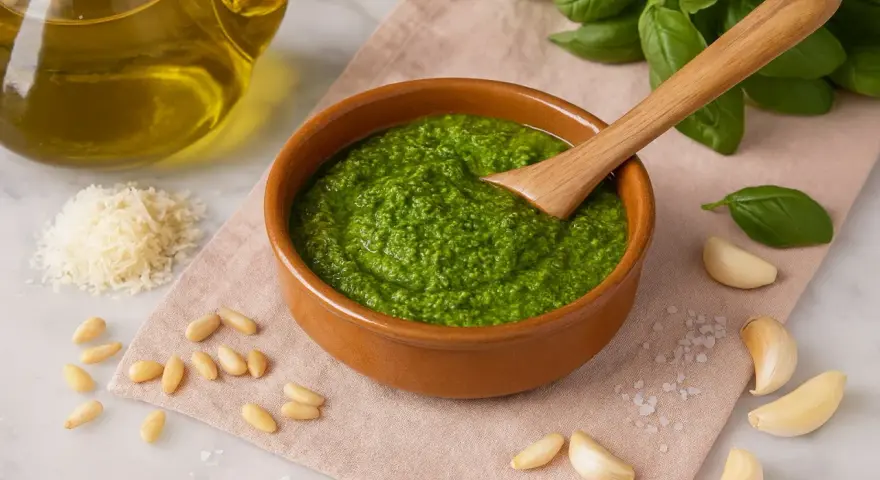 Frisches Pesto Genovese in einer Schale, umgeben von Pinienkernen, Parmesan, Knoblauch, Basilikum und Olivenöl.