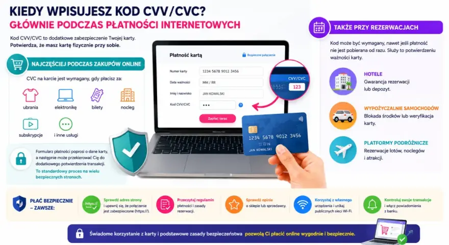 Podawanie numeru karty i CVV jest bezpieczne, gdy strona ma https. Kod CVV/CVC potwierdza, że masz kartę fizycznie przy sobie.