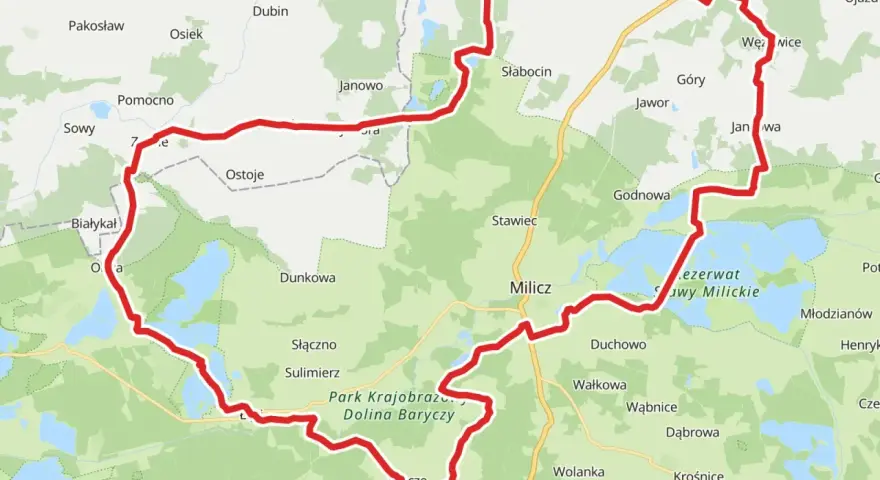 Trasa rowerowa przez malowniczą dolnośląską krainę rowerową, wiodąca przez Park Krajobrazowy Dolina Baryczy, z widokiem na stawy milickie.