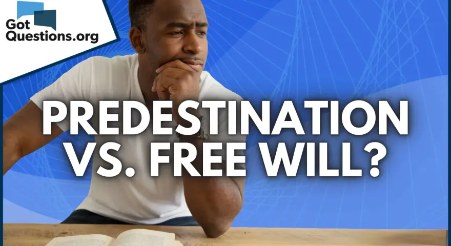 A thoughtful Black man ponders the question of predestination vs. free will, with the words emblazoned across the image.