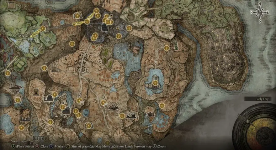 Mapa de Elden Ring con numerosos puntos de gracia dorados marcando lugares de interés y descanso.