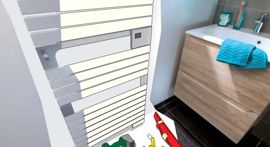 Outils de bricolage et un sèche-serviettes prêt pour sa pose.