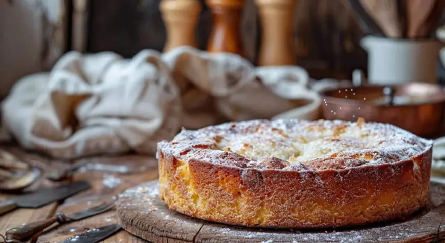 Un délicieux gâteau breton, saupoudré de sucre glace, repose sur une planche en bois. Des couverts anciens sont disposés à côté.