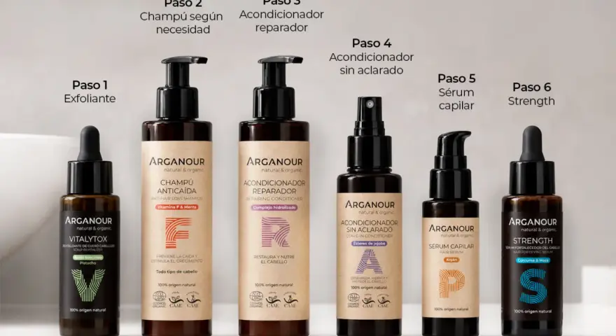 Seis productos Arganour para el cuidado del cabello, incluyendo un sérum y un aceite pelo, presentados en pasos.