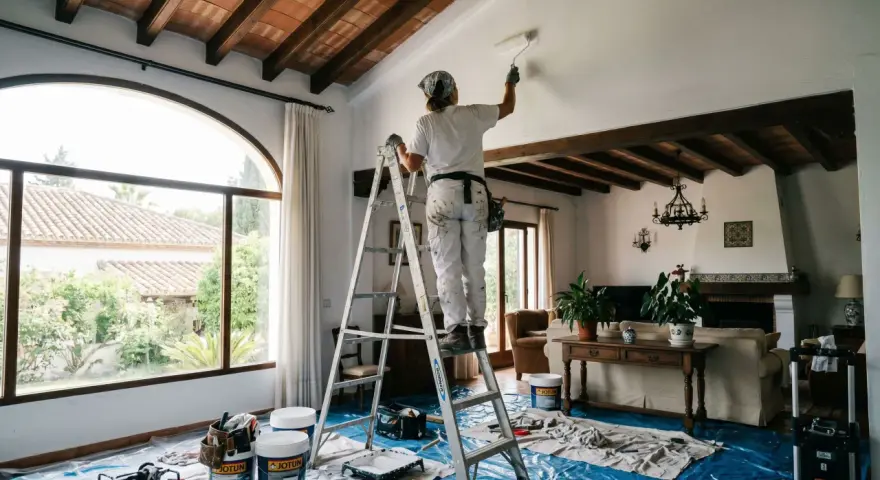 Persona pinta el techo de una sala con vigas de madera. Se pregunta cuánto cuesta pintar una casa.