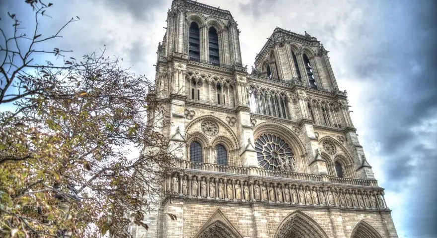 Notre Dame i Paris, ett mästerverk av romansk arkitektur, reser sig mot en dramatisk himmel. Trädgrenar med höstlöv ramar in den storslagna fasaden.