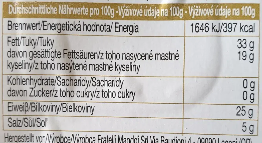 Nährwertangaben für Pecorino: 33g Fett, 25g Eiweiß, 0g Zucker. Ein gesunder Genuss!