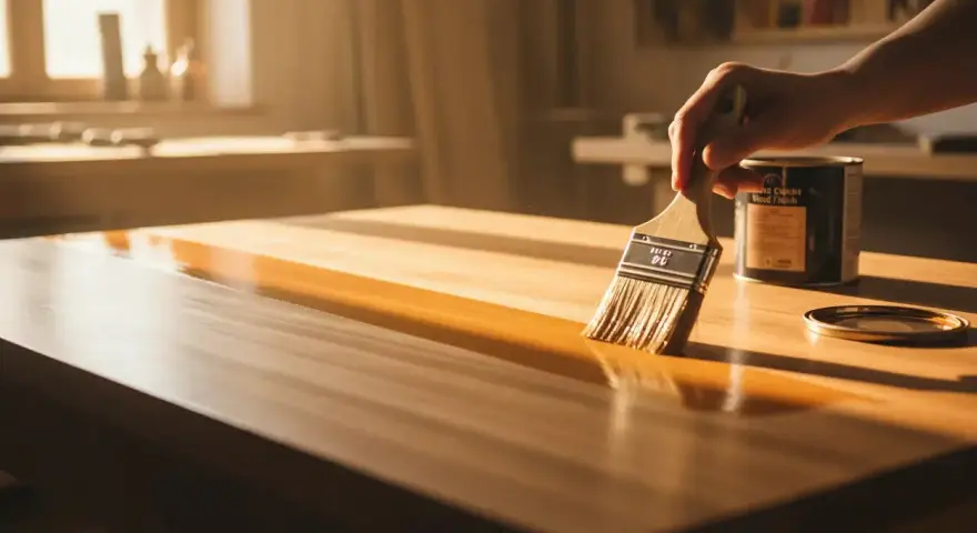 Mano che applica la finitura legno su un tavolo con un pennello, creando una superficie lucida e protetta.