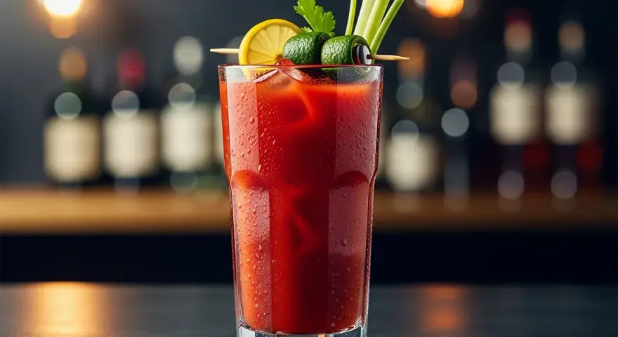 En glas blodig mary med is, garnerad med citron, gurka och selleri. Perfekt för en brunch.