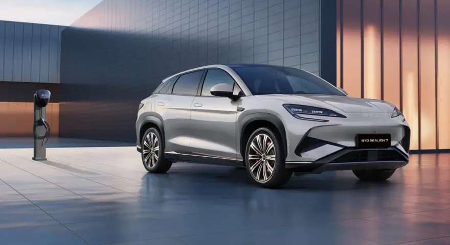 Srebrny SUV BYD Seal U stoi obok ładowarki na tle nowoczesnego budynku.
