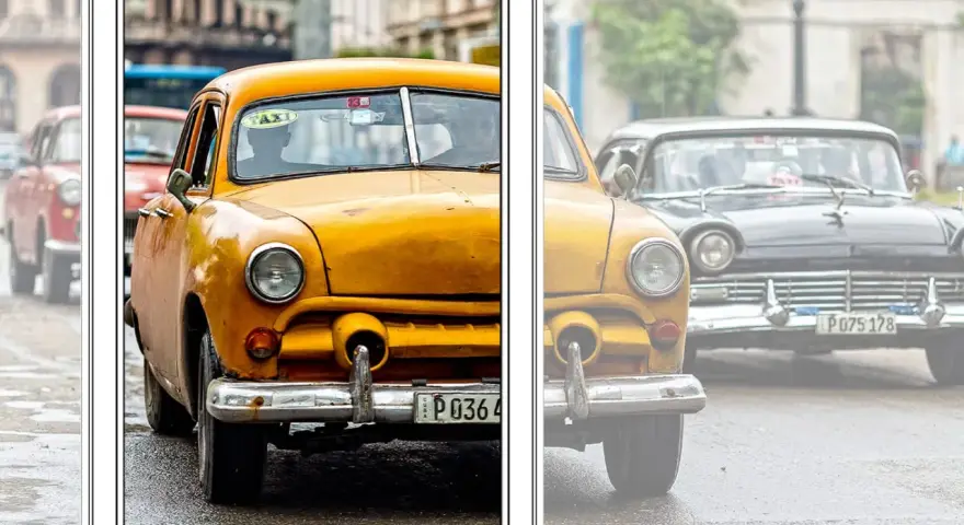 Taxis jaunes et noirs d'époque, une scène parfaite pour des photos à faire.