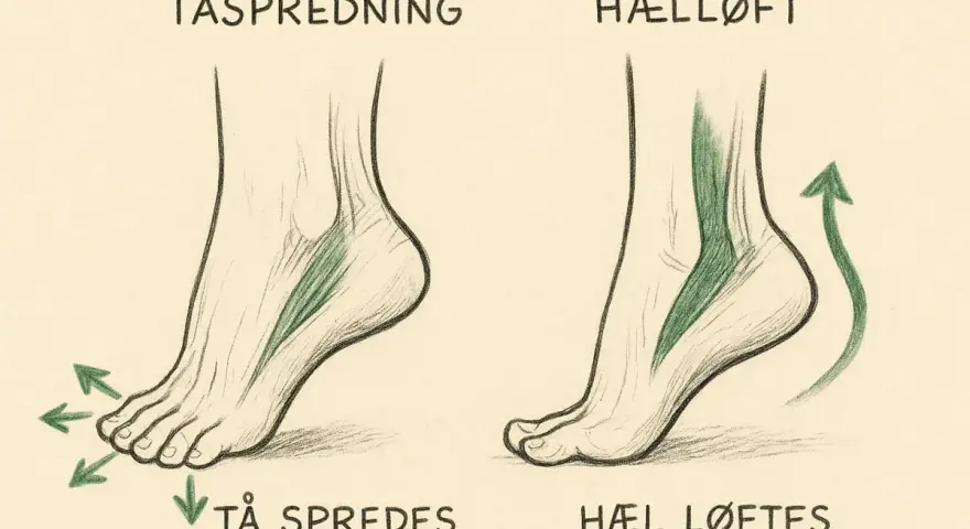 Illustrationer visar hur muskler i foten arbetar vid tåspridning och hällyft.