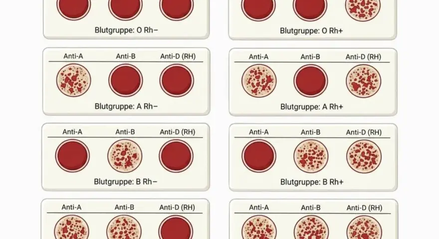Blutgruppenbestimmung: Reagenzgläser mit Blutproben zeigen Agglutinationen. Ein schneller bedside test zur Ermittlung der Blutgruppe.