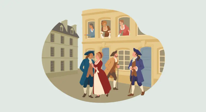 Escena de la antigua lengua francesa: hombres y mujeres con vestimenta de época pasean y conversan en una calle adoquinada.