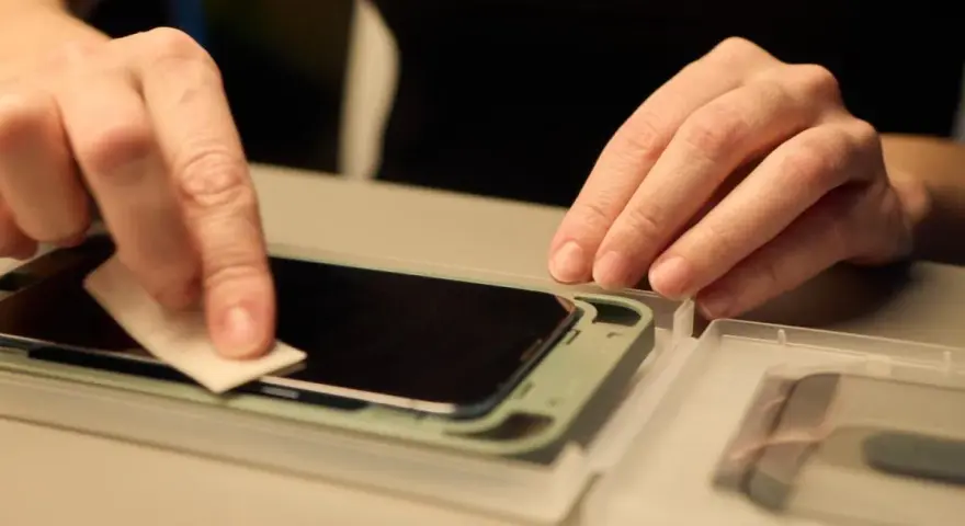 Delikatne czyszczenie ekranu telefonu przed nałożeniem szybki ochronnej. Instrukcja jak założyć szybkę na telefon krok po kroku.