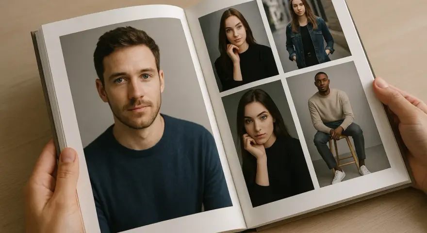 Un livre ouvert présente des portraits. Sur la gauche, un homme au regard intense. À droite, quatre portraits de jeunes femmes et un homme, montrant comment bien cadrer une photo pour un portfolio.