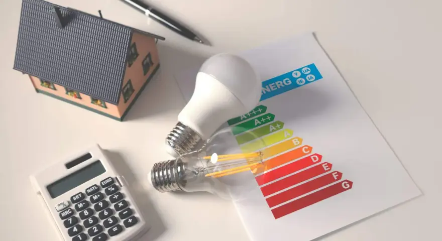 Casa modelo, bombillas, calculadora y etiqueta de eficiencia energética. Planifica la eficiencia energética de tu hogar.