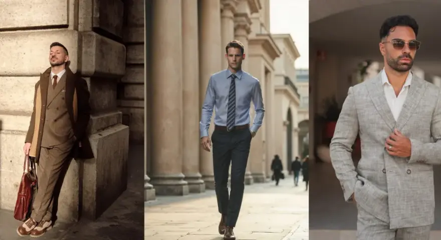 Uomo con outfit nero e marrone, completo sartoriale, camicia azzurra e abito grigio chiaro.