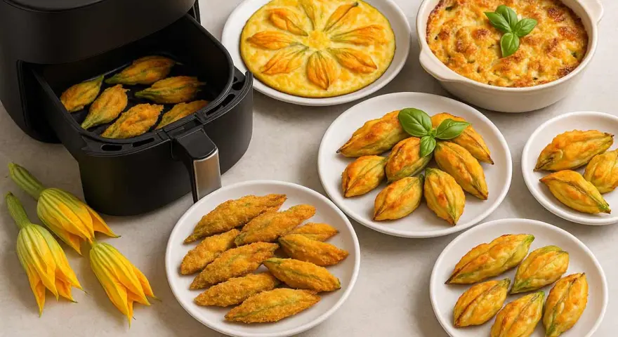 Fiori di zucca in friggitrice ad aria, dorati e croccanti, pronti per essere gustati. Un piatto leggero e saporito.