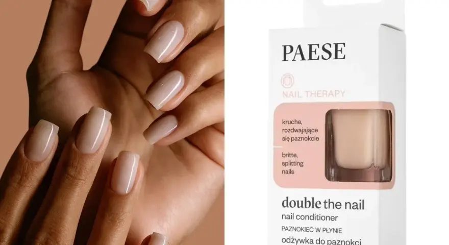 Dłonie z idealnymi, beżowymi paznokciami. Obok opakowanie odżywki do paznokci PAESE "double the nail" - najlepsza odżywka do paznokci dla kruchych i rozdwajających się.