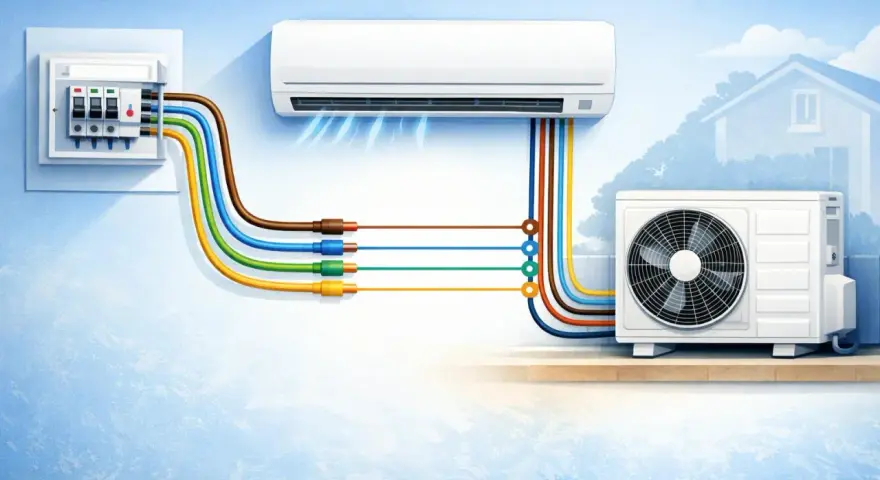 Diagrama de **conexión eléctrica aire acondicionado**: unidad interior, unidad exterior y cuadro eléctrico con cables de colores.