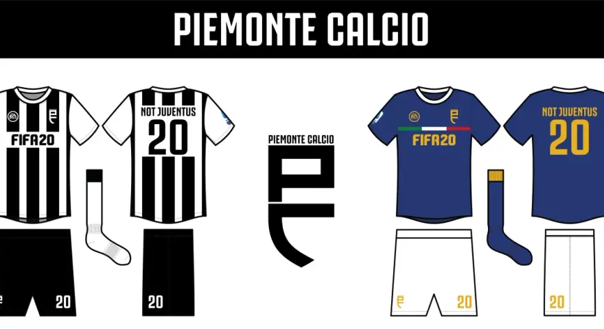 Stroje piłkarskie Piemonte Calcio: czarno-białe w paski i granatowe. Numery 20 i logo FIFA20.