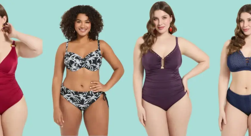 Quattro donne in costume da bagno, con modelli e colori diversi, pronte per l'estate.
