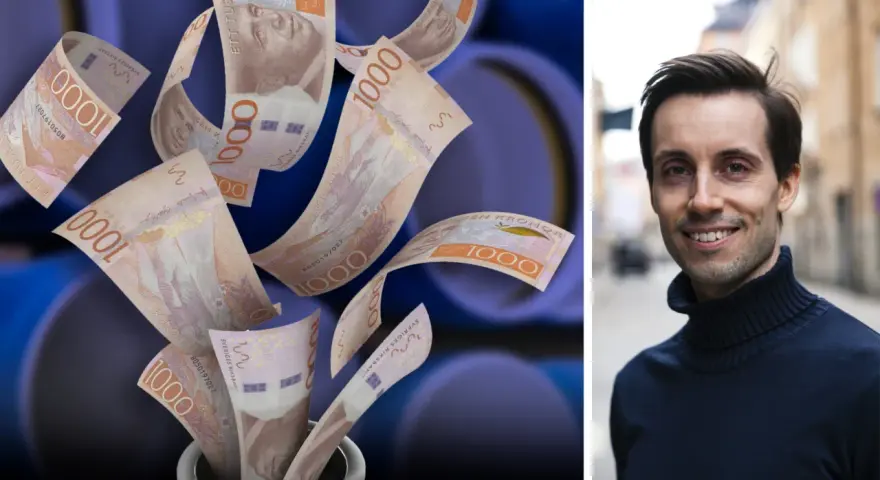 Svenska 1000-kronorssedlar virvlar upp ur en vas. En leende man i polotröja syns bredvid. En sparsam mens kan leda till oväntade pengar.