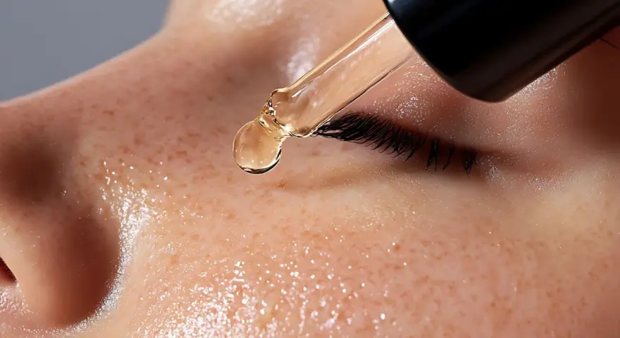 Goutte d'un sérum doré tombant sur une peau frecklée, essentielle à la routine soin visage matin et soir pour une peau éclatante.