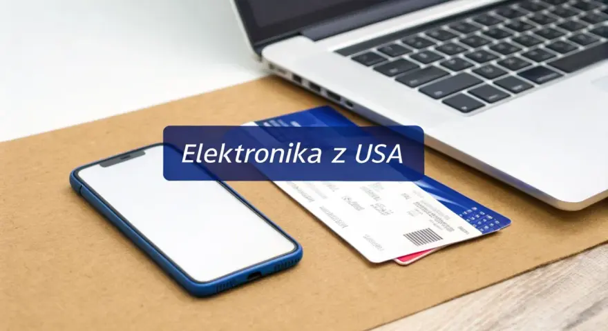 Smartfon, laptop i karty płatnicze na tle tekstu "Elektronika z USA". Zastanawiasz się, co oplaca się kupić w Stanach?