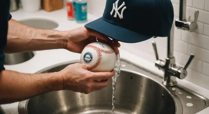 Czyszczenie czapki z daszkiem i piłki baseballowej pod bieżącą wodą.