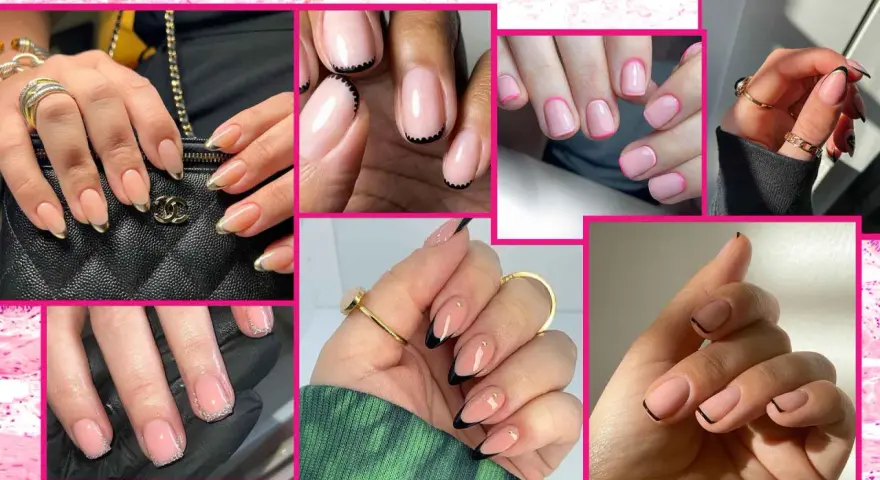 Collezione di unghie french particolare unghie gel: french con punte dorate, nere, rosa e glitter. Eleganza e stile.