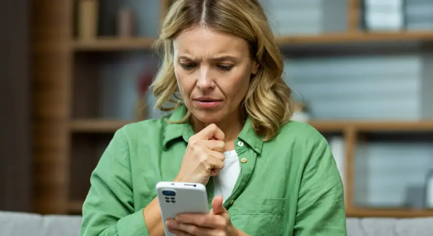Kvinna med bekymrat ansikte tittar på sin mobiltelefon, en känsla av stark oro syns tydligt.