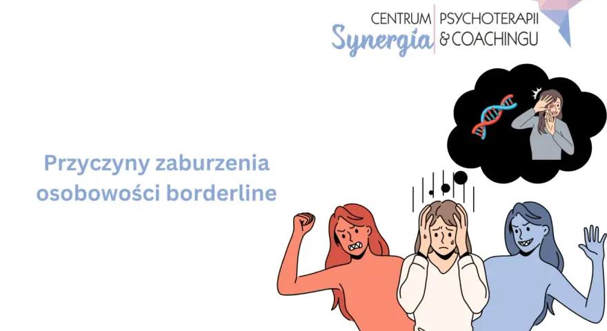 Ilustracja przedstawia trzy postacie symbolizujące emocje, w tym jedną zmartwioną, oraz myśl o DNA.