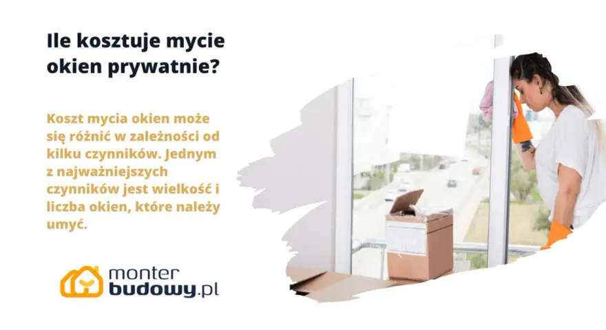 Ile kosztuje mycie okien w domu? Cena zależy od wielkości i liczby okien. Kobieta w pomarańczowych rękawicach myje okno.