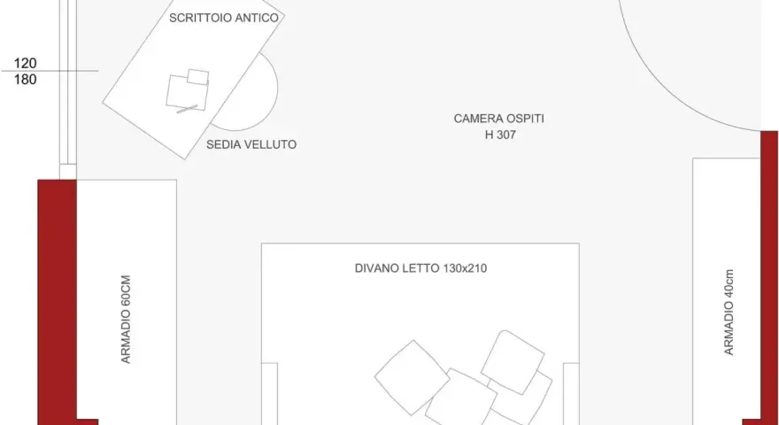 Pianta di una camera ospiti con divano letto, scrittoio antico, sedia in velluto, libreria e armadi.