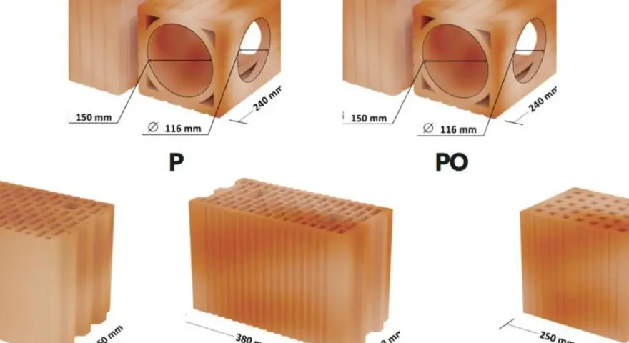 Elementy ceramiczne: pustak wentylacyjny z kanałem płaskim (P, PO) oraz pustaki budowlane (25 AKU, LPW 18,8 AKU, PCM AK) z wymiarami.