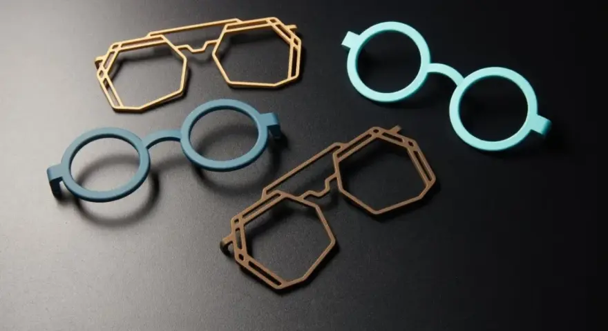 Four colorful, modern 3d printing glasses frames in geometric and round shapes, displayed on a dark surface.