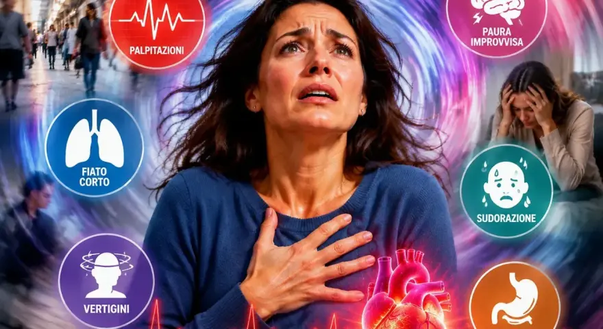 Donna in preda al panico, con sintomi come palpitazioni, fiato corto, vertigini, sudorazione, nausea e paura improvvisa. Si può morire per un attacco di panico.