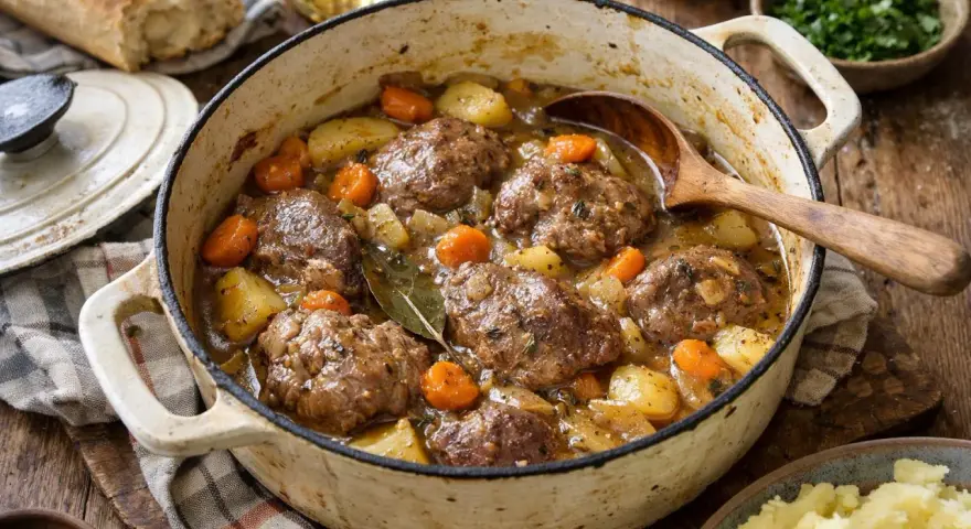 Un plat mijoté de joue de porc au cidre, avec pommes de terre et carottes, servi dans une cocotte en fonte.
