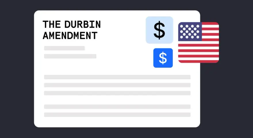 A document titled "The Durbin Amendment" with dollar signs and the US flag, symbolizing financial regulation.