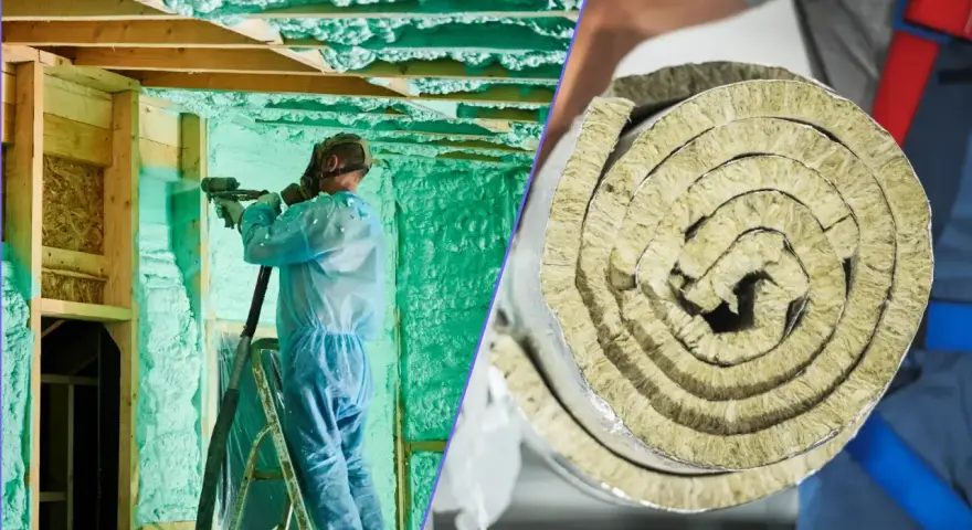 Piana PUR kontra wełna mineralna: wybór izolacji domu. Na lewo pracownik natryskuje pianę, na prawo zwinięta wełna.
