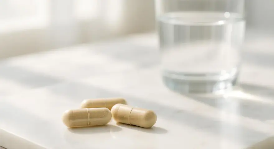 Tre capsule beige e un bicchiere d'acqua su una superficie chiara. Scopri quali sono i probiotici per il tuo benessere.