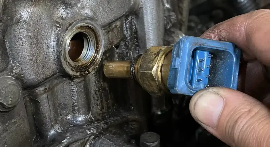 Błąd czujnik temperatury płynu chłodzącego. Mechanik wymienia uszkodzony czujnik w silniku.
