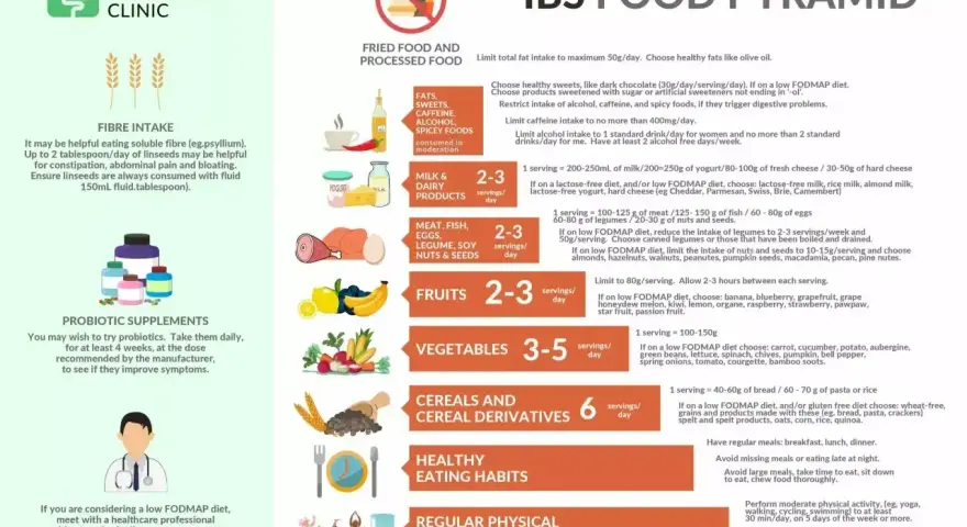 Piramida żywienia dla IBS. Wskazówki dotyczące diety FODMAP, w tym zalecenia dotyczące owoców, warzyw i produktów zbożowych.