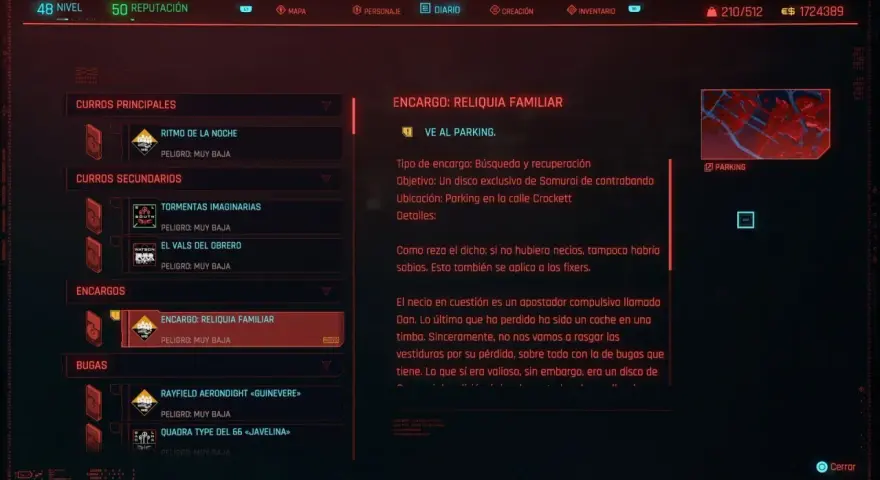 En pantalla de diario de Cyberpunk 2077, se muestra la misión "Encargo: Reliquia Familiar", una reliquia familiar cyberpunk que busca un disco de Samurai.