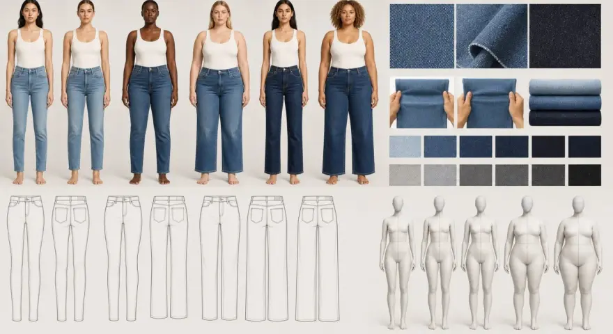 Six mannequins présentent différents modèles de jeans, accompagnés d'échantillons de tissus et de croquis. Le style de jean varie, du slim au large.