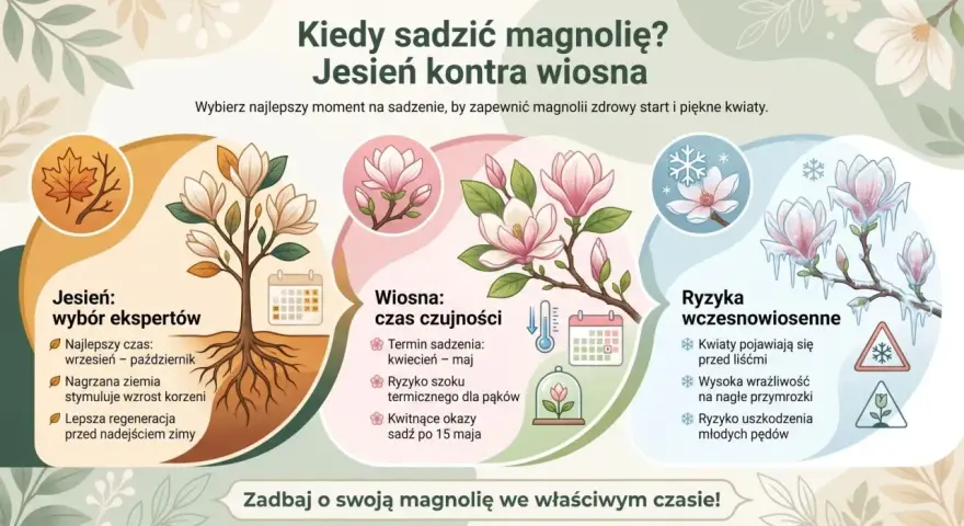 Jesień to najlepszy czas, kiedy sadzić magnolię. Wrzesień-październik sprzyja regeneracji korzeni przed zimą. Wiosną magnolie są wrażliwe na przymrozki.