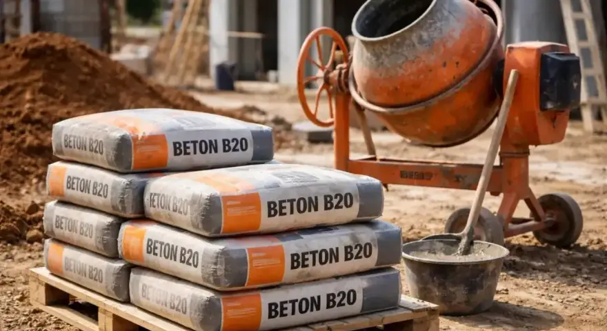 Stos worków z betonem B20 na palecie, obok betoniarki i wiadra z zaprawą.