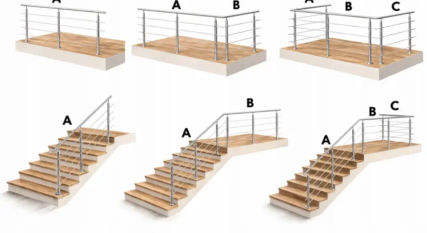 Różne modele balustrad ze stali nierdzewnej, proste i narożne, na taras i schody. Sprawdź balustrada wymiary.